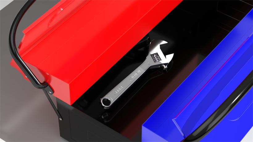 3D render of a red toolbox with an adjustable wrench