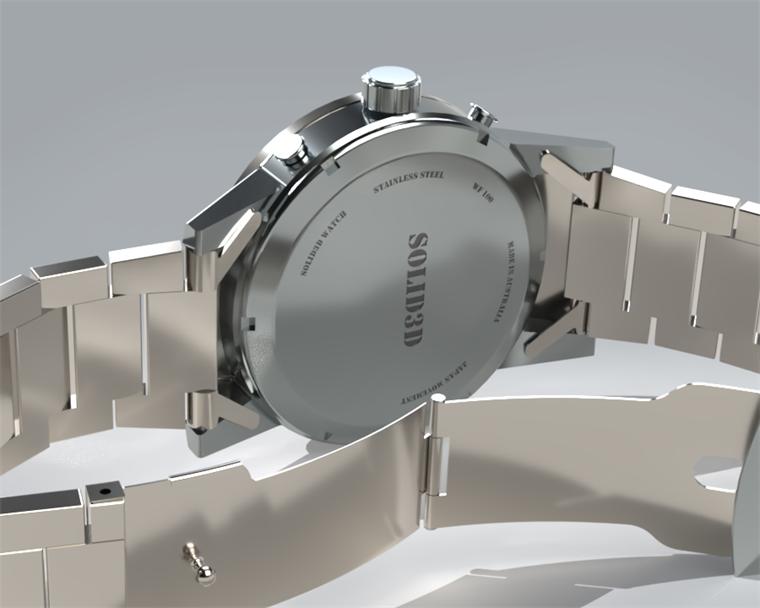 Close render of a stainless steel watch caseback and bracelet, showing engraved detail