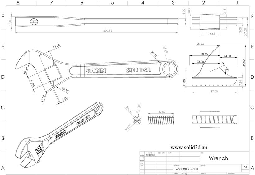 Fully dimensioned 2D technical drawing of an adjustable wrench